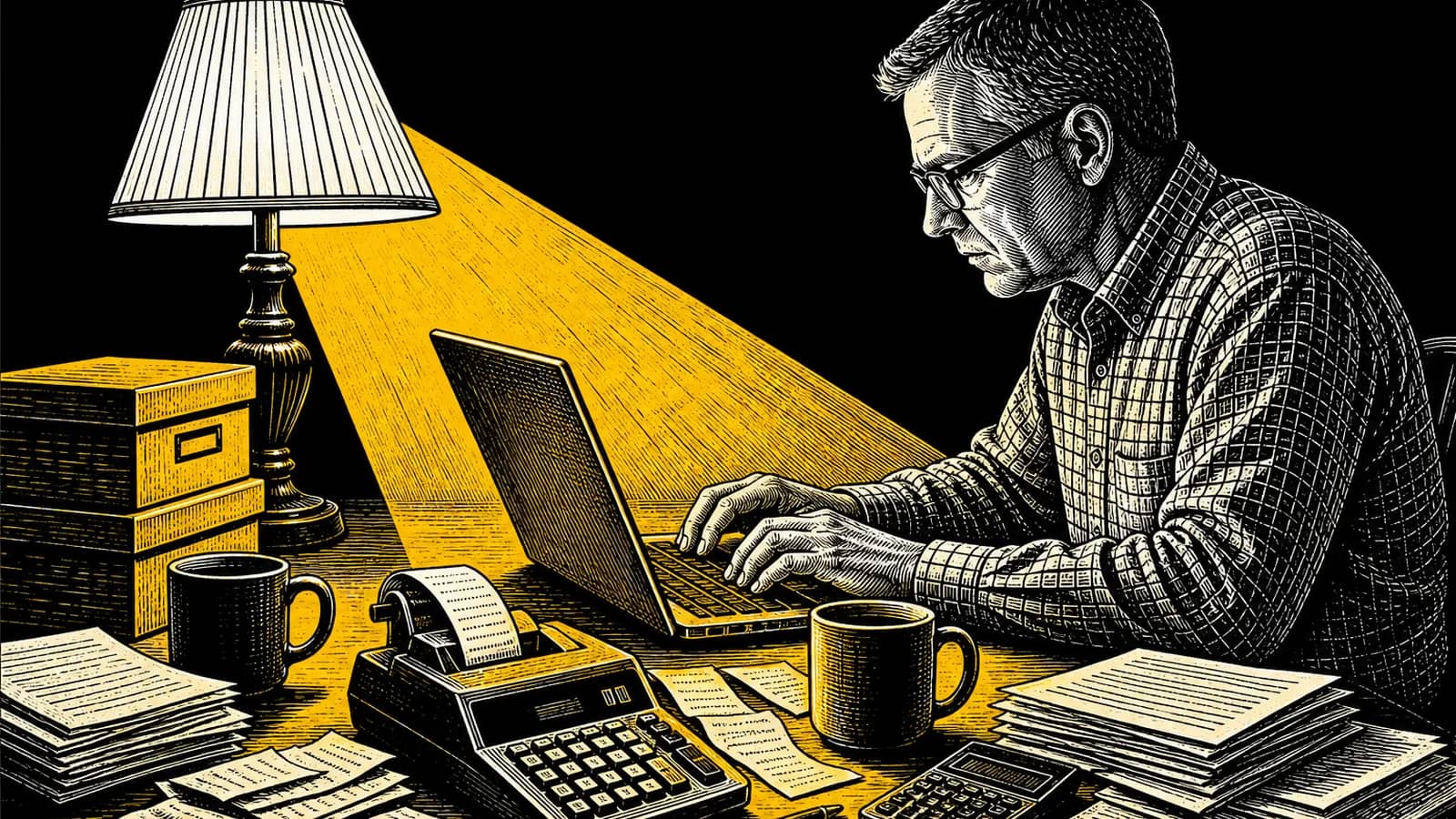 Woodcut-style illustration of a church treasurer working late at a desk under a lamp, reviewing bank activity on a laptop among receipts, calculators, and coffee mugs