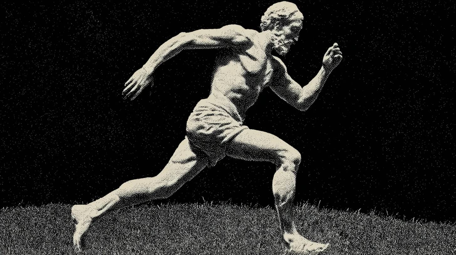 Greco-Roman-style runner sprinting across a dark field, symbolizing money moving without delay