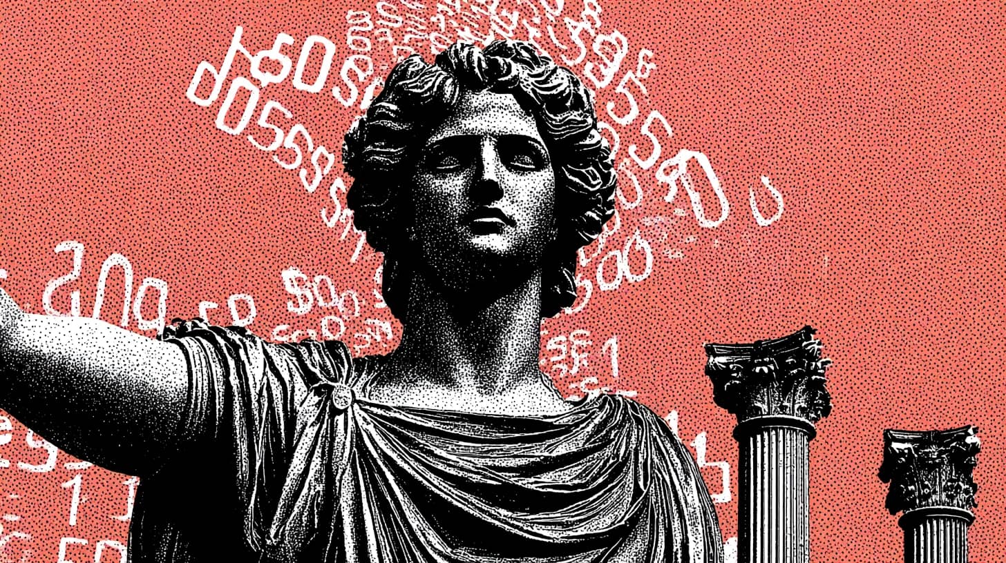Greco-Roman figure surrounded by fragmented financial figures, representing patchwork church finances