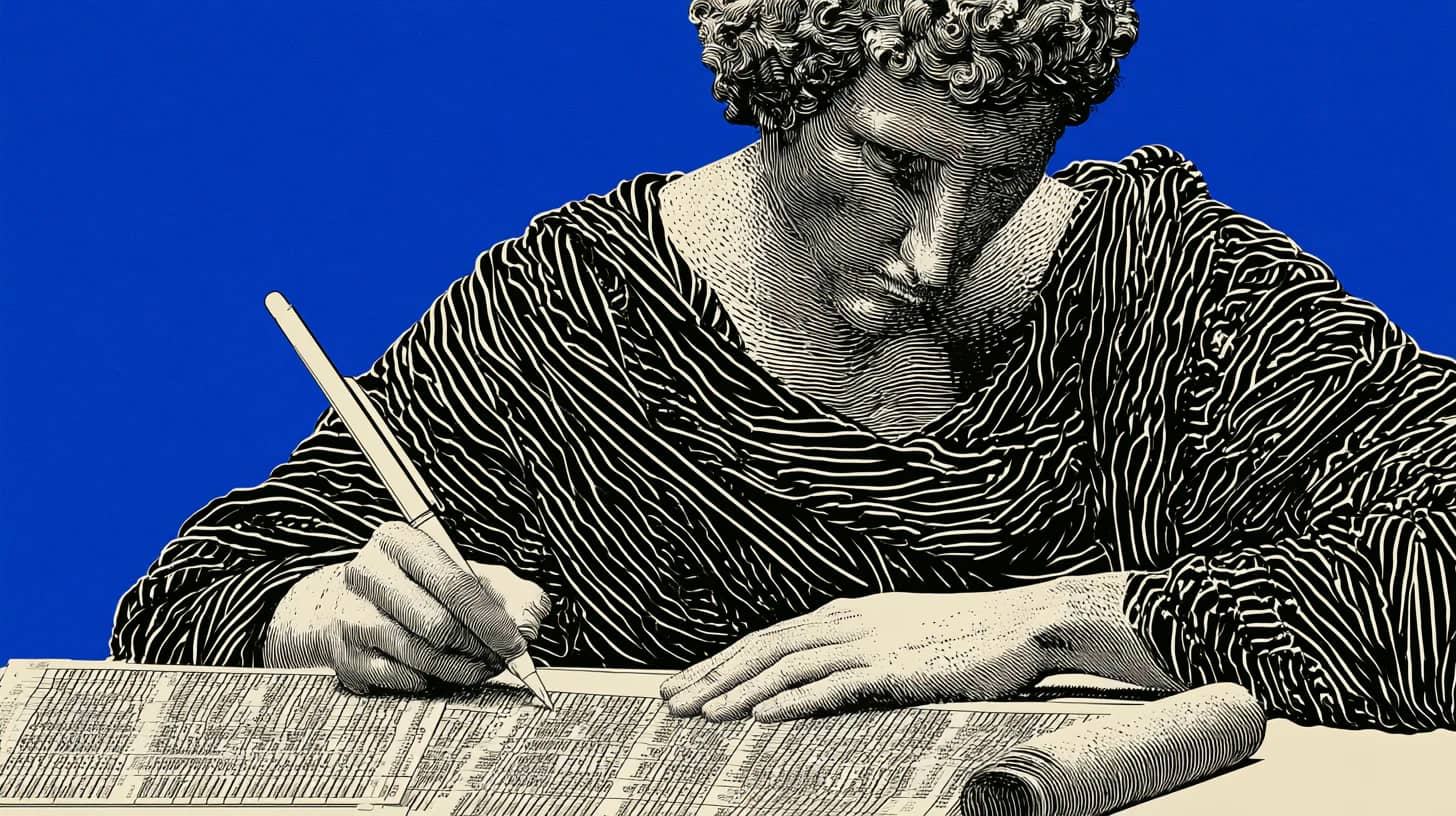Greco-Roman-style administrator writing in a financial ledger against a blue background