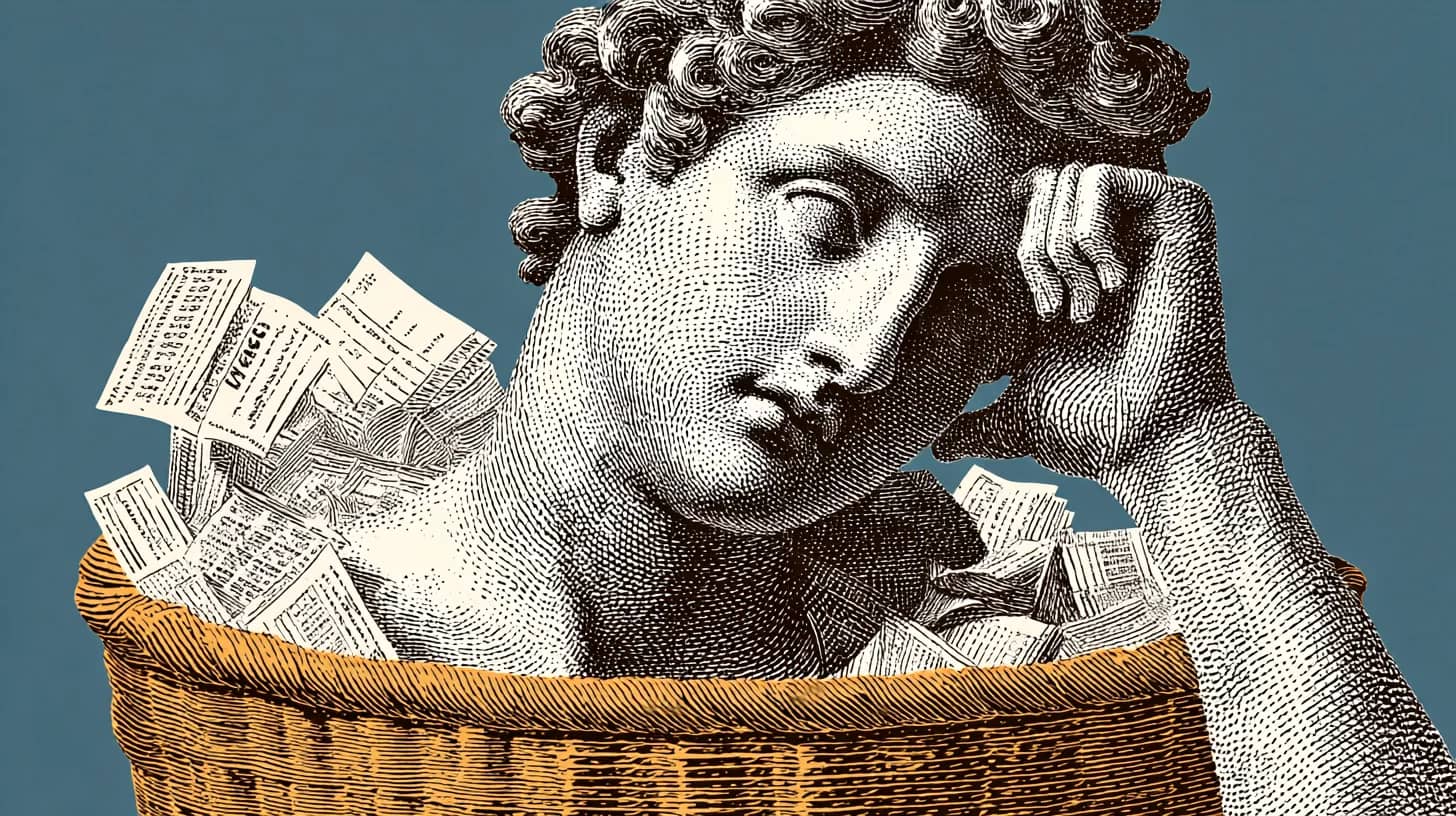 Busto grecorromano con la cabeza apoyada en la mano, dentro de una canasta tejida llena de recibos, sobre fondo azul pizarra