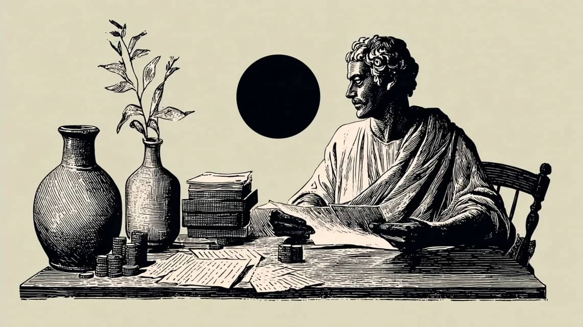 Woodcut-style illustration of a Greco-Roman figure in a toga seated at a desk, reading a sheet of paper beside vases, a stack of books, coins, and scattered notes, with a black circle in the background