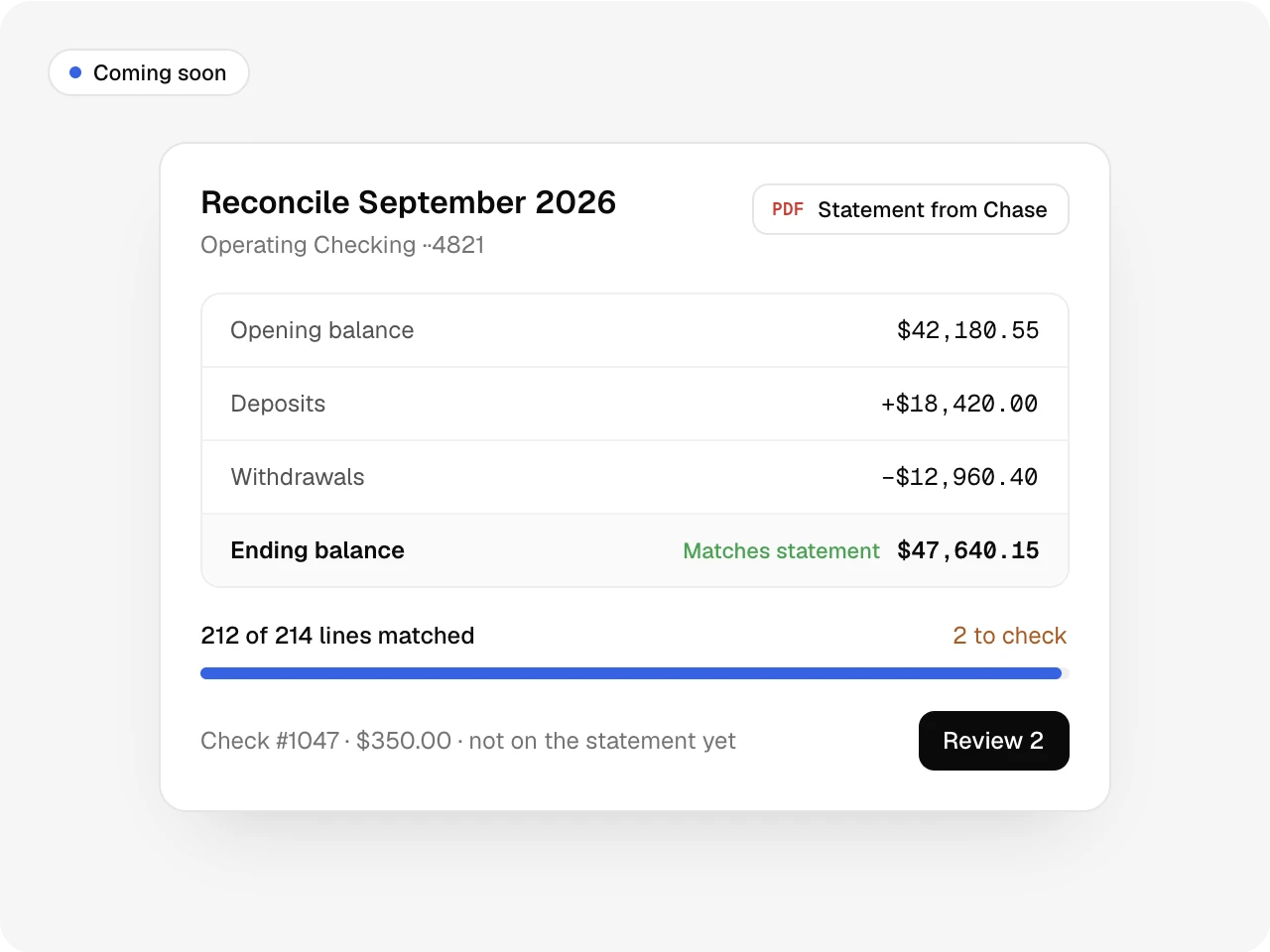 Coming soon: a monthly bank statement reconciling against the lines Altarflow already has